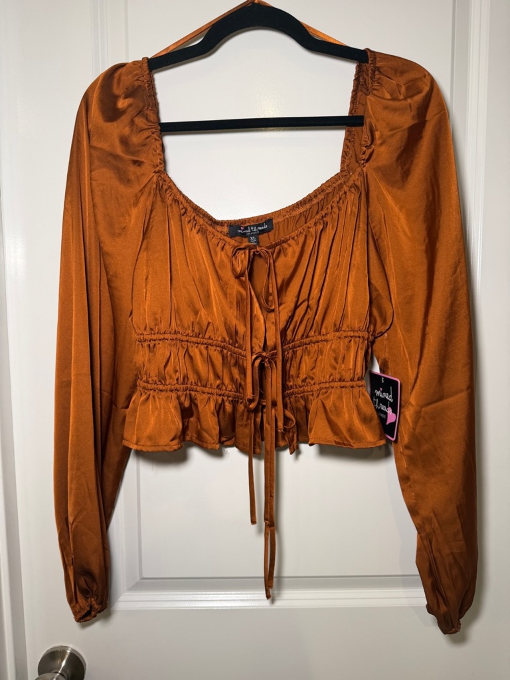 NWT Bronze Rust Satin Long Sleeve Peasant Top Tie Front Balloon Sleeves Size XL